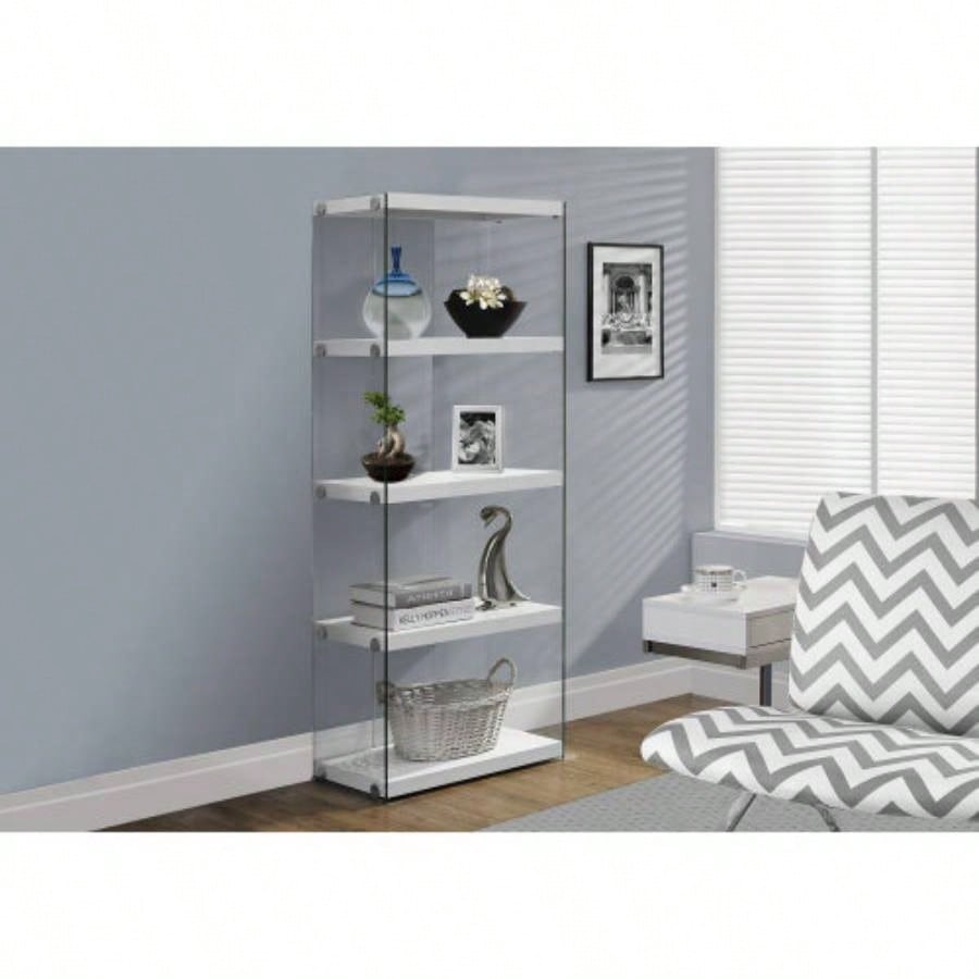 Bookshelf, Bookcase, Etagere, 5 Tier, 60h, Office, Bedroom, Glossy White Laminate, Tempered Glass, Contemporary, Modern