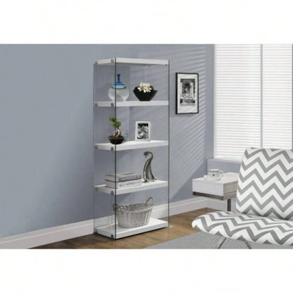 Bookshelf, Bookcase, Etagere, 5 Tier, 60h, Office, Bedroom, Glossy White Laminate, Tempered Glass, Contemporary, Modern