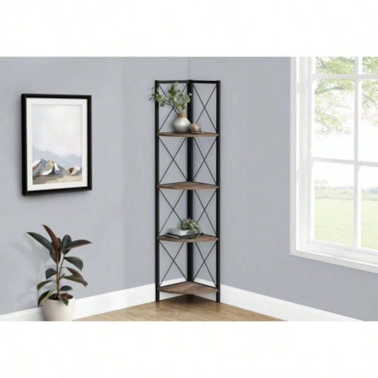 Bookshelf, Bookcase, Etagere, Corner, 4 Tier, 60h, Office, Bedroom, Brown Laminate, Black Metal, Contemporary, Modern