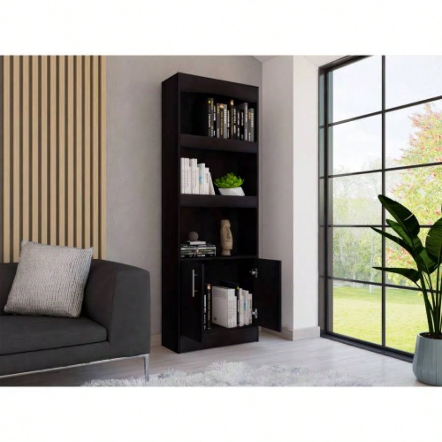 Bookcase, Three Shelves, Double Door Cabinet, Metal Hardware, Black