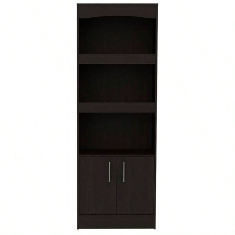 Bookcase, Three Shelves, Double Door Cabinet, Metal Hardware, Black