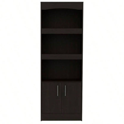 Bookcase, Three Shelves, Double Door Cabinet, Metal Hardware, Black