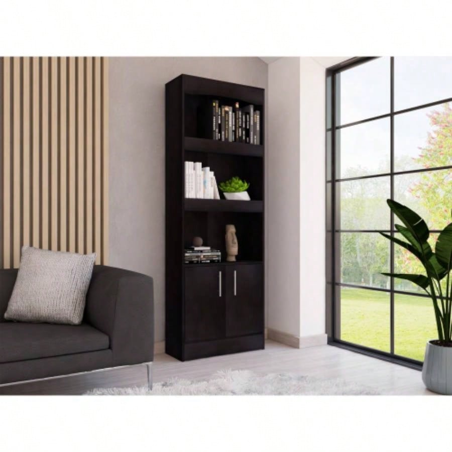 Bookcase, Three Shelves, Double Door Cabinet, Metal Hardware, Black