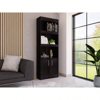 Bookcase, Three Shelves, Double Door Cabinet, Metal Hardware, Black