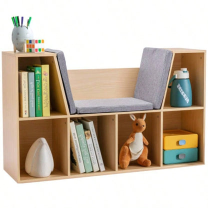 6 - Cubby Kids Bookcase with Reading Nook and Cushion, Multi - Purpose Storage Organizer Bedroom, Living Room, Natural