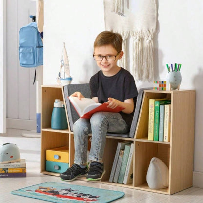 6 - Cubby Kids Bookcase with Reading Nook and Cushion, Multi - Purpose Storage Organizer Bedroom, Living Room, Natural