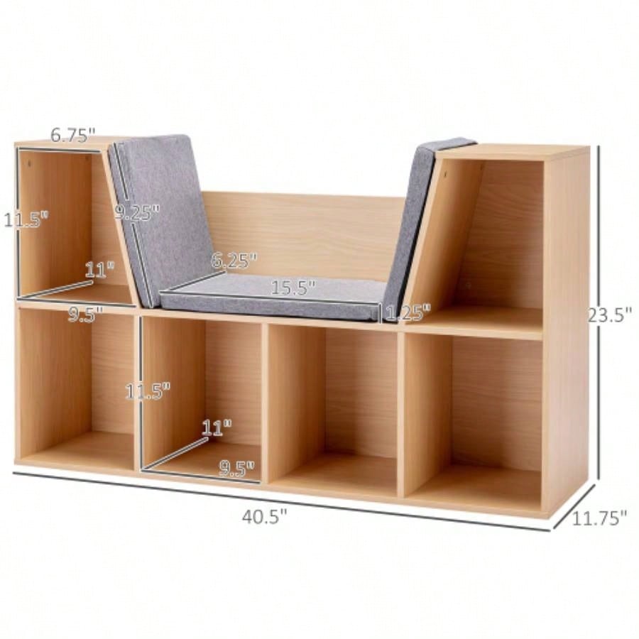 6 - Cubby Kids Bookcase with Reading Nook and Cushion, Multi - Purpose Storage Organizer Bedroom, Living Room, Natural