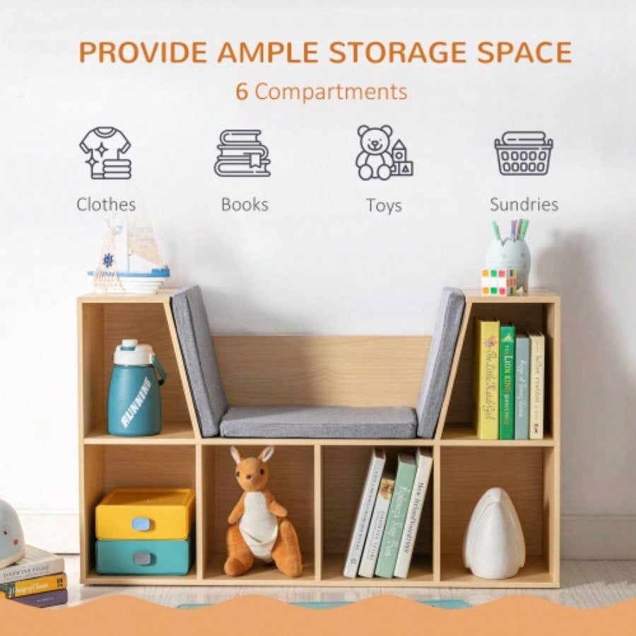 6 - Cubby Kids Bookcase with Reading Nook and Cushion, Multi - Purpose Storage Organizer Bedroom, Living Room, Natural