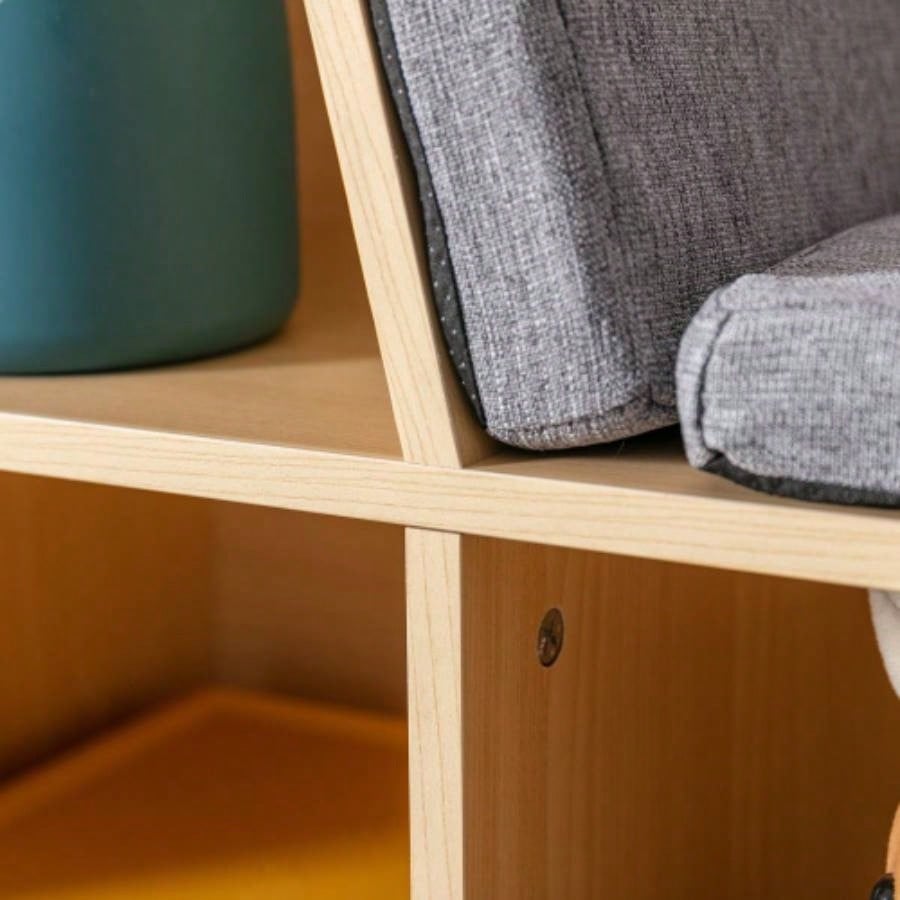 6 - Cubby Kids Bookcase with Reading Nook and Cushion, Multi - Purpose Storage Organizer Bedroom, Living Room, Natural