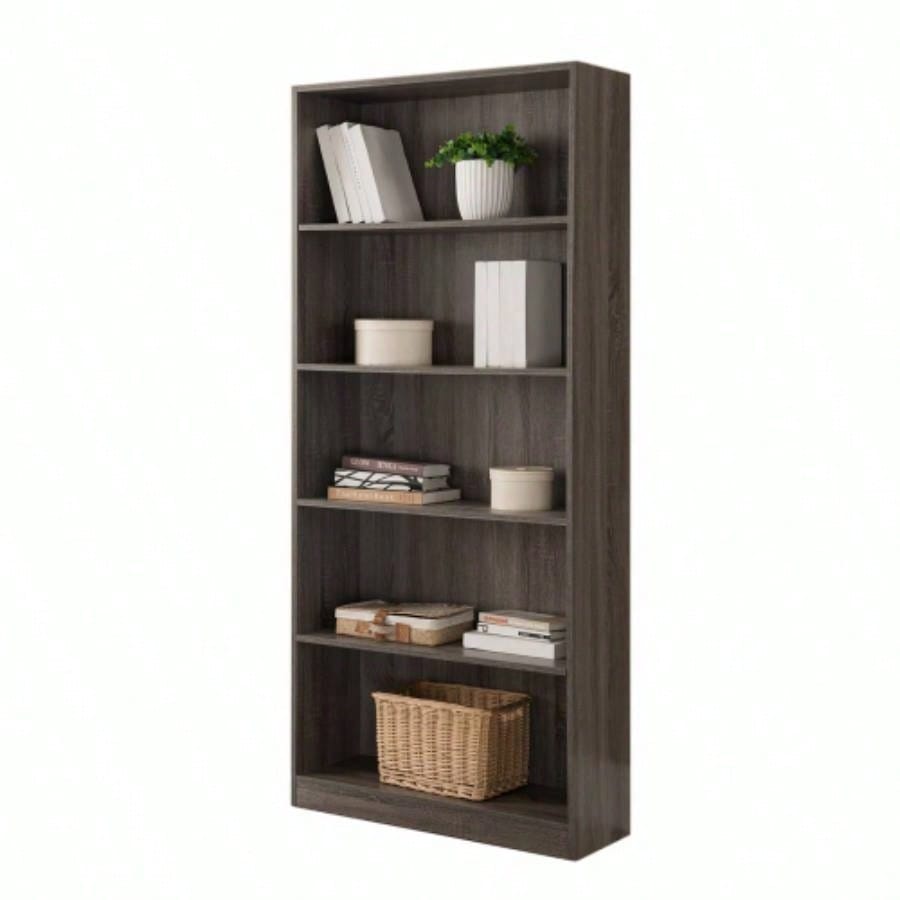 Five shelf wooden bookcase display cabinet with bottom front molding color