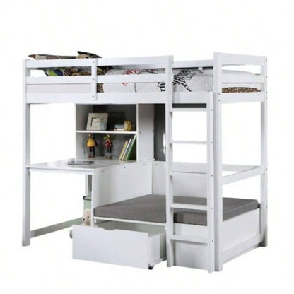 Modern Transitional Twin Over Workstation Loft Bed With Storage Box Attached Ladder Workstation And Bookcase, White