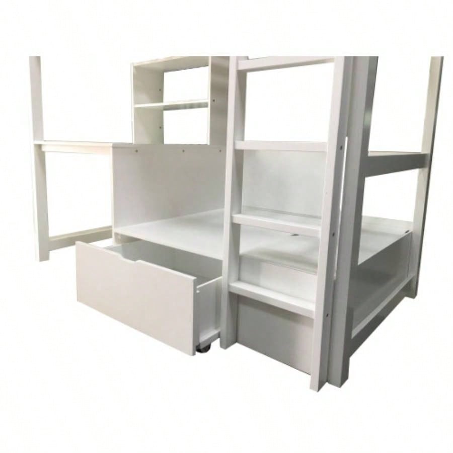 Modern Transitional Twin Over Workstation Loft Bed With Storage Box Attached Ladder Workstation And Bookcase, White