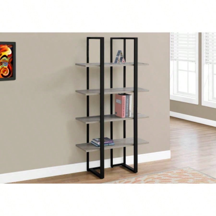 Bookshelf, Bookcase, Etagere, 4 Tier, 60h, Office, Bedroom, Brown Laminate, Black Metal, Contemporary, Modern