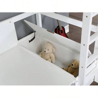 Modern Transitional Twin Over Workstation Loft Bed With Storage Box Attached Ladder Workstation And Bookcase, White