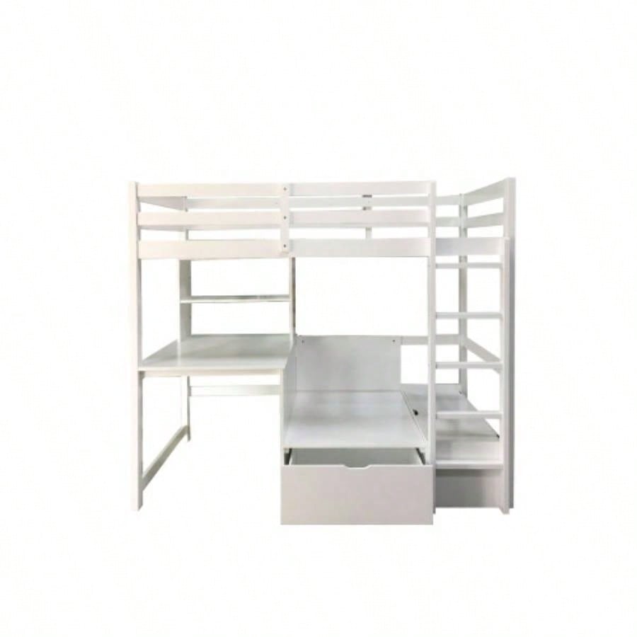 Modern Transitional Twin Over Workstation Loft Bed With Storage Box Attached Ladder Workstation And Bookcase, White