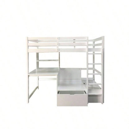 Modern Transitional Twin Over Workstation Loft Bed With Storage Box Attached Ladder Workstation And Bookcase, White