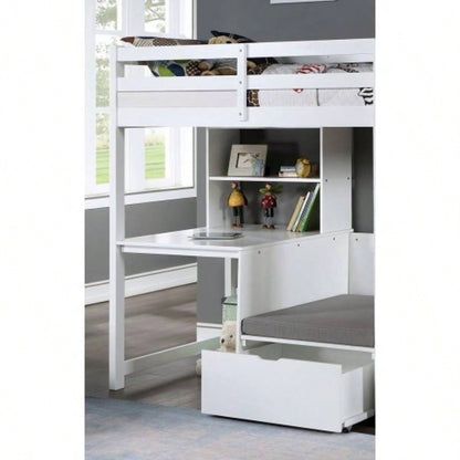 Modern Transitional Twin Over Workstation Loft Bed With Storage Box Attached Ladder Workstation And Bookcase, White