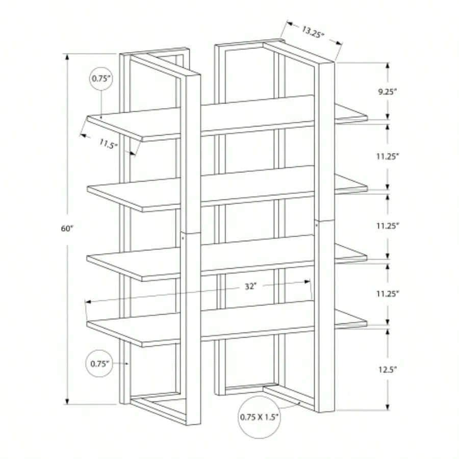 Bookshelf, Bookcase, Etagere, 4 Tier, 60h, Office, Bedroom, Brown Laminate, Black Metal, Contemporary, Modern