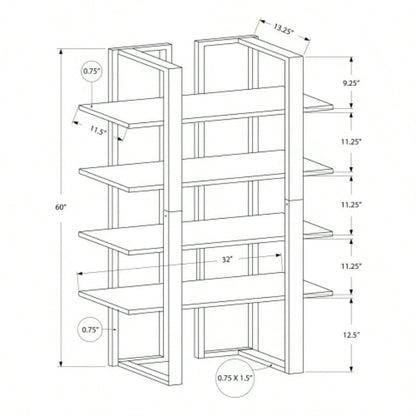 Bookshelf, Bookcase, Etagere, 4 Tier, 60h, Office, Bedroom, Brown Laminate, Black Metal, Contemporary, Modern