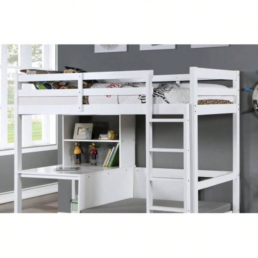 Modern Transitional Twin Over Workstation Loft Bed With Storage Box Attached Ladder Workstation And Bookcase, White