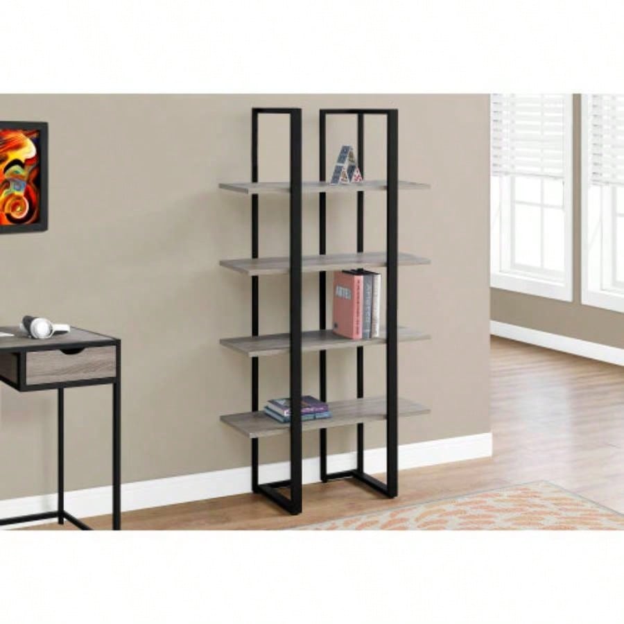 Bookshelf, Bookcase, Etagere, 4 Tier, 60h, Office, Bedroom, Brown Laminate, Black Metal, Contemporary, Modern