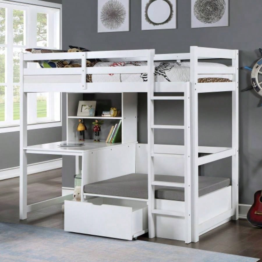 Modern Transitional Twin Over Workstation Loft Bed With Storage Box Attached Ladder Workstation And Bookcase, White
