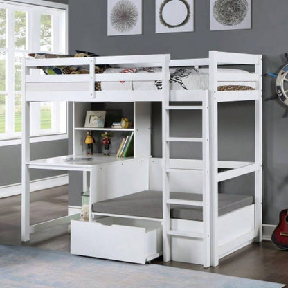 Modern Transitional Twin Over Workstation Loft Bed With Storage Box Attached Ladder Workstation And Bookcase, White