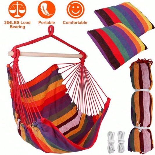 Hammock Hanging Chair Canvas Porch Patio Swing Portable Camping Rope Wooden Stick Hammock Chair with 2 Pillows 265LBS Load - bearing