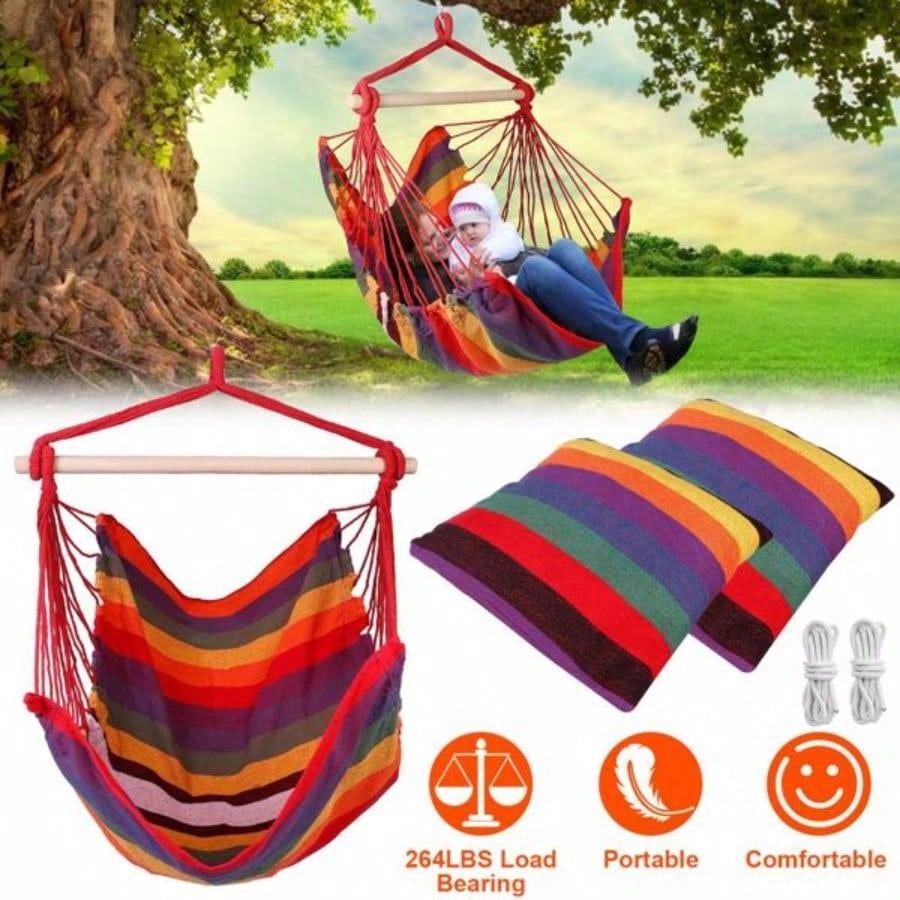 Hammock Hanging Chair Canvas Porch Patio Swing Portable Camping Rope Wooden Stick Hammock Chair with 2 Pillows 265LBS Load - bearing