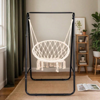 Outdoor Hammock Chair Stand Only, Swing Stand with 2 Hooks, Load 600lbs, Fits Most Hanging Chairs, Black Without Hammock Chair