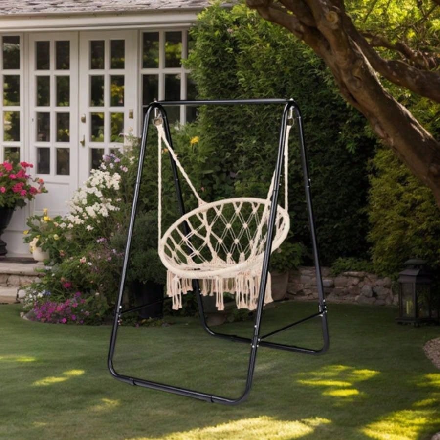 Outdoor Hammock Chair Stand Only, Swing Stand with 2 Hooks, Load 600lbs, Fits Most Hanging Chairs, Black Without Hammock Chair