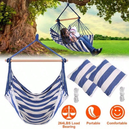 Hammock Hanging Chair Canvas Porch Patio Swing Portable Camping Rope Wooden Stick Hammock Chair with 2 Pillows 265LBS Load - bearing