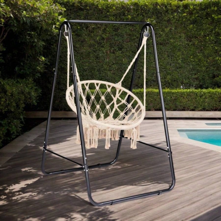 Outdoor Hammock Chair Stand Only, Swing Stand with 2 Hooks, Load 600lbs, Fits Most Hanging Chairs, Black Without Hammock Chair