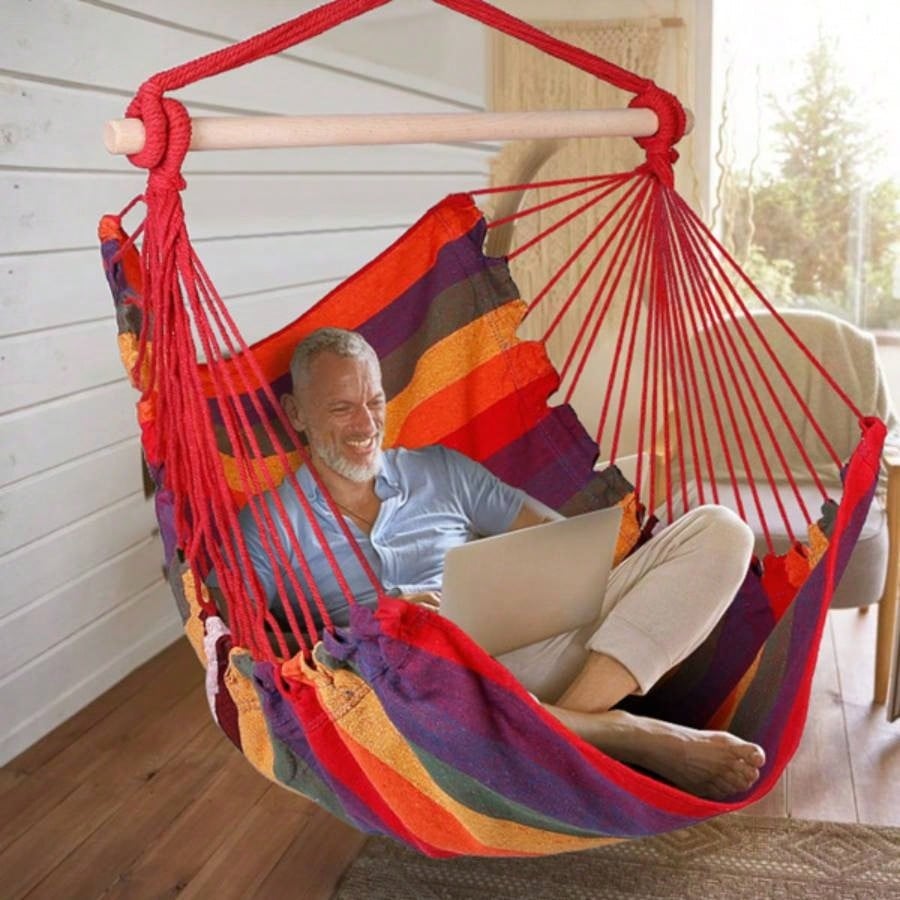Hammock Hanging Chair Canvas Porch Patio Swing Portable Camping Rope Wooden Stick Hammock Chair with 2 Pillows 265LBS Load - bearing