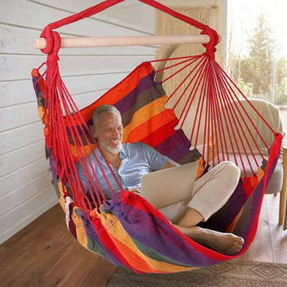 Hammock Hanging Chair Canvas Porch Patio Swing Portable Camping Rope Wooden Stick Hammock Chair with 2 Pillows 265LBS Load - bearing