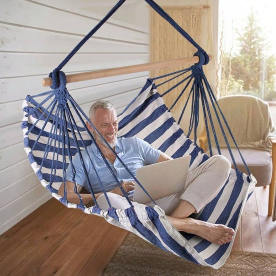 Hammock Hanging Chair Canvas Porch Patio Swing Portable Camping Rope Wooden Stick Hammock Chair with 2 Pillows 265LBS Load - bearing