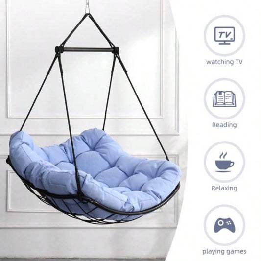 Hammock Chair Swing with Cushion - Outdoor Indoor Hanging Hammock Chair Patio, Porch, Bedroom, Garden, Courtyard, Balcony - Sturdy Steel Bar with Anti - Slip Safety Rings, BLUE
