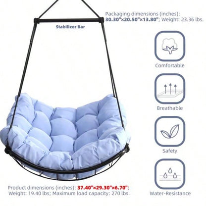 Hammock Chair Swing with Cushion - Outdoor Indoor Hanging Hammock Chair Patio, Porch, Bedroom, Garden, Courtyard, Balcony - Sturdy Steel Bar with Anti - Slip Safety Rings, BLUE