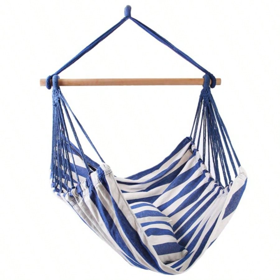 Hammock Hanging Chair Canvas Porch Patio Swing Portable Camping Rope Wooden Stick Hammock Chair with 2 Pillows 265LBS Load - bearing