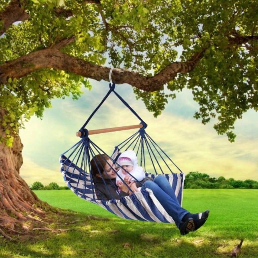 Hammock Hanging Chair Canvas Porch Patio Swing Portable Camping Rope Wooden Stick Hammock Chair with 2 Pillows 265LBS Load - bearing