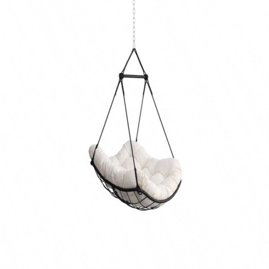 Hammock Chair Swing with Cushion - Outdoor Indoor Hanging Hammock Chair Patio, Porch, Bedroom, Garden, Courtyard, Balcony - Sturdy Steel Bar with Anti - Slip Safety Rings, white