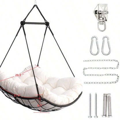 Hammock Chair Swing with Cushion - Outdoor Indoor Hanging Hammock Chair Patio, Porch, Bedroom, Garden, Courtyard, Balcony - Sturdy Steel Bar with Anti - Slip Safety Rings, white
