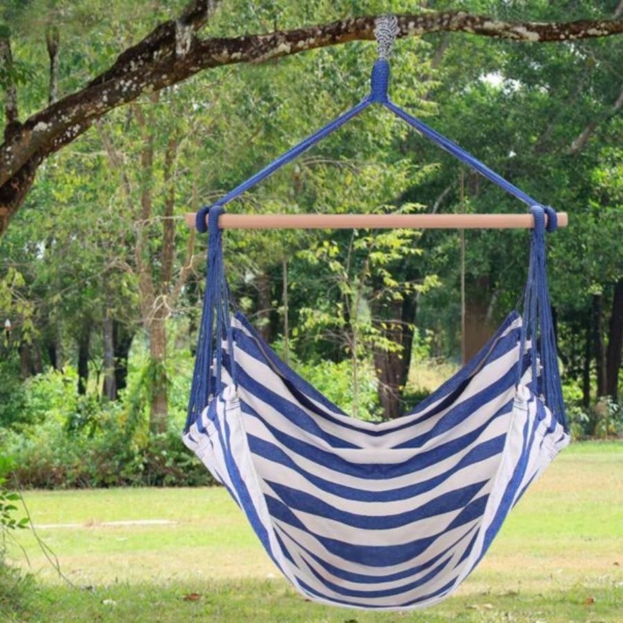 Hammock Hanging Chair Canvas Porch Patio Swing Portable Camping Rope Wooden Stick Hammock Chair with 2 Pillows 265LBS Load - bearing