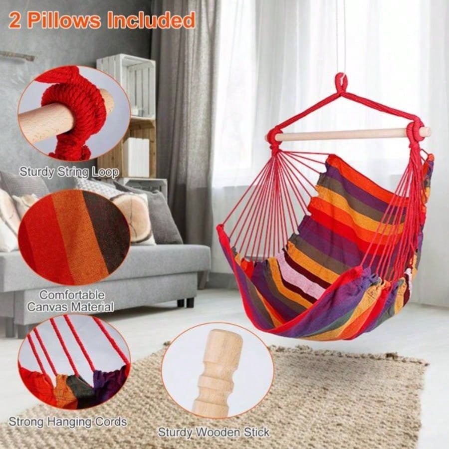 Hammock Hanging Chair Canvas Porch Patio Swing Portable Camping Rope Wooden Stick Hammock Chair with 2 Pillows 265LBS Load - bearing