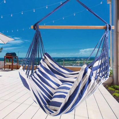 Hammock Hanging Chair Canvas Porch Patio Swing Portable Camping Rope Wooden Stick Hammock Chair with 2 Pillows 265LBS Load - bearing