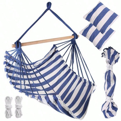 Hammock Hanging Chair Canvas Porch Patio Swing Portable Camping Rope Wooden Stick Hammock Chair with 2 Pillows 265LBS Load - bearing