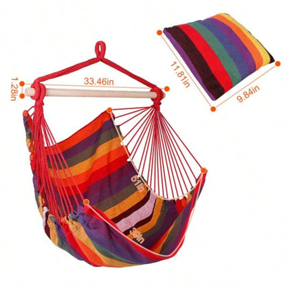 Hammock Hanging Chair Canvas Porch Patio Swing Portable Camping Rope Wooden Stick Hammock Chair with 2 Pillows 265LBS Load - bearing