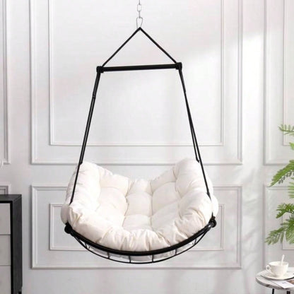 Hammock Chair Swing with Cushion - Outdoor Indoor Hanging Hammock Chair Patio, Porch, Bedroom, Garden, Courtyard, Balcony - Sturdy Steel Bar with Anti - Slip Safety Rings, white