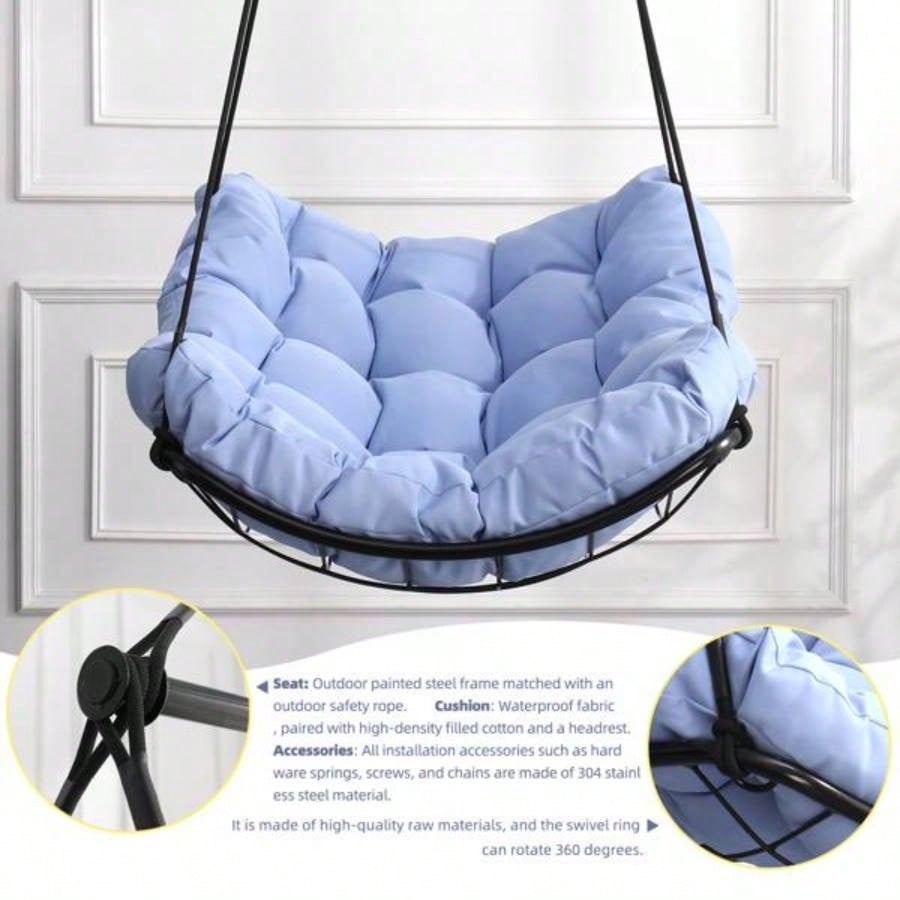 Hammock Chair Swing with Cushion - Outdoor Indoor Hanging Hammock Chair Patio, Porch, Bedroom, Garden, Courtyard, Balcony - Sturdy Steel Bar with Anti - Slip Safety Rings, BLUE