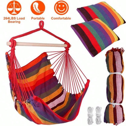 Hammock Hanging Chair Canvas Porch Patio Swing Portable Camping Rope Wooden Stick Hammock Chair with 2 Pillows 265LBS Load - bearing